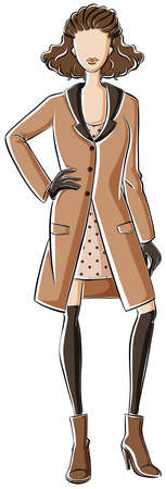 Sketch of a woman in brown color dress and overcoatのイラスト素材