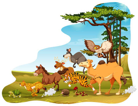 Many animals running in the fieldのイラスト素材