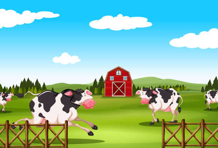Cow running in the farmland at daytimeのイラスト素材