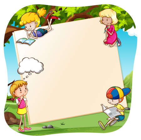 Children reading and writing in the parkのイラスト素材