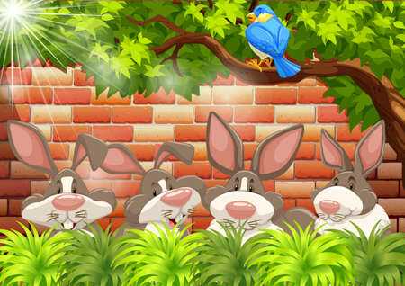 Four rabbits outside by the treeのイラスト素材