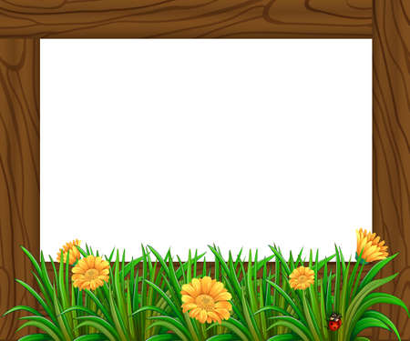 Square wooden frame with flowers and ladybugのイラスト素材
