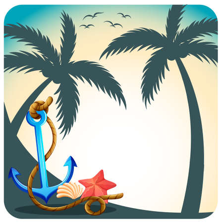 Anchor and starfish with coconut trees backgroundのイラスト素材
