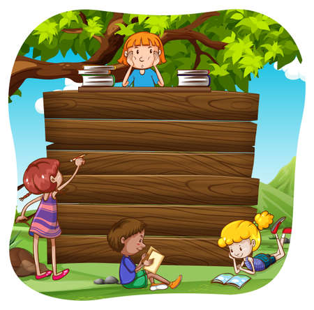 Children reading and writing in the parkのイラスト素材
