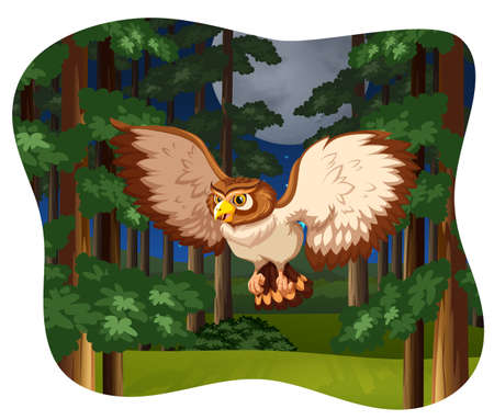 Owl flying in the forest at nightのイラスト素材