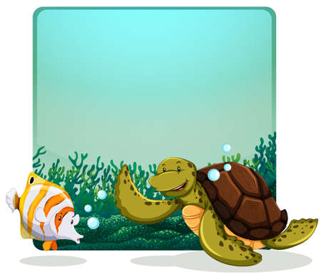 Turtle and a fish swmming at the bed of the seaのイラスト素材