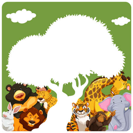 Poster of wild animals under a tree shape white figureのイラスト素材