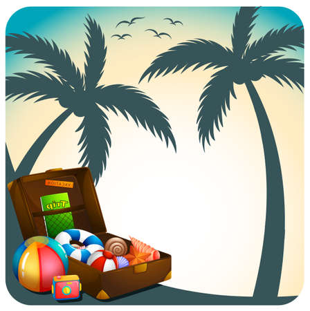 Open suitcase with vacation accessories under coconut treesのイラスト素材