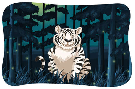White tiger sitting in a dark woods with fireflies around