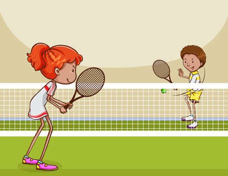 Man and woman playing tennis in the lawn courtのイラスト素材