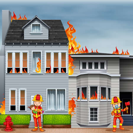 Fire scene with fire fighters rescuing a girlのイラスト素材