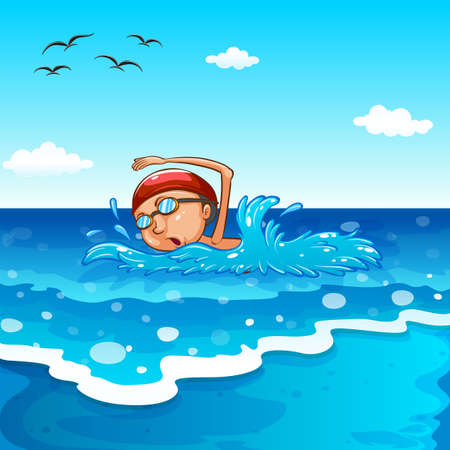 Man swimming in the middle of the oceanのイラスト素材