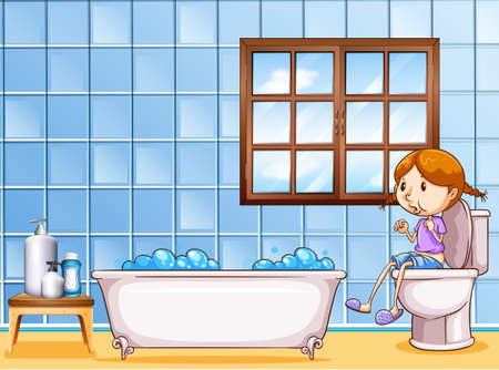 Girl sitting in the toilet next to the bathtubのイラスト素材