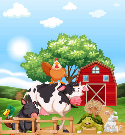Mixed animals at a farm illustrationのイラスト素材