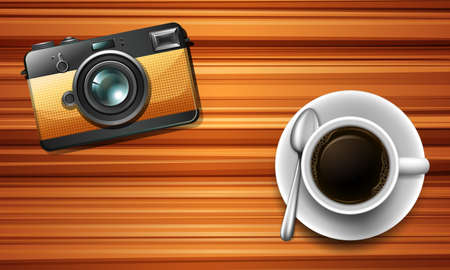 Camera and a coffee on table illustrationのイラスト素材