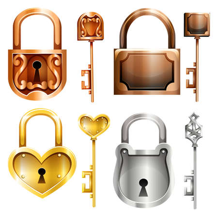 Set of four different shapes and colors lock and keyのイラスト素材