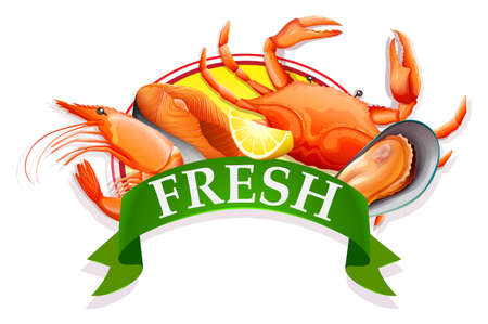 Different kind of seafood with bannerのイラスト素材