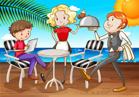 Man being served at outdoor diningのイラスト素材