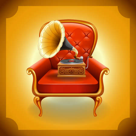 Classic gramophone on red armchairのイラスト素材