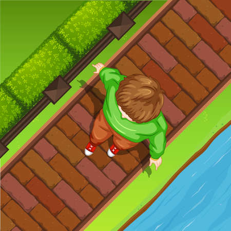 Top view of man walking along the riverのイラスト素材