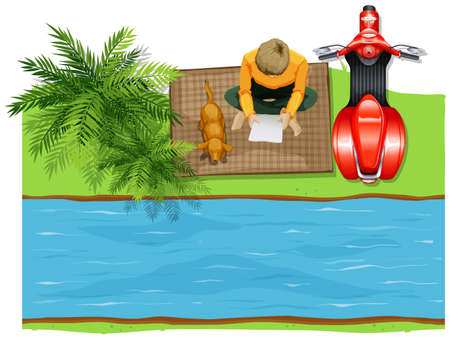 Aerial view of man at river illustrationのイラスト素材