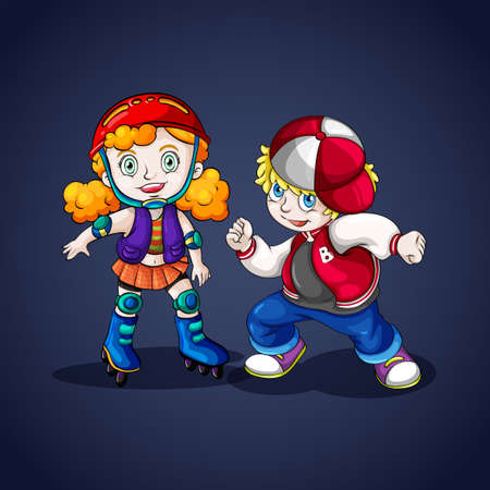 Boy and girl rollerskating illustrationのイラスト素材