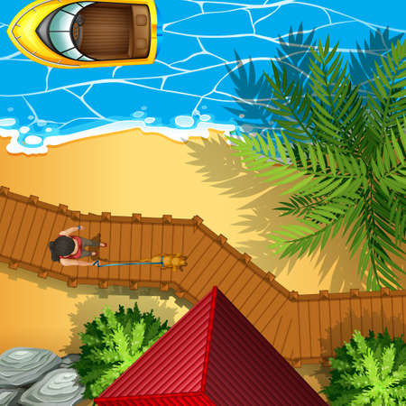 Aerial perspectve with beach and boat illustrationのイラスト素材