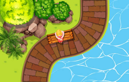 Girl sitting by the pool illustrationのイラスト素材