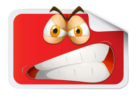 Red rectangular sticker with furious face illustrationのイラスト素材