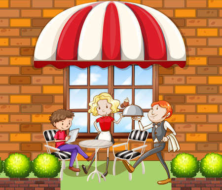 People at outdoor dining area illustrationのイラスト素材
