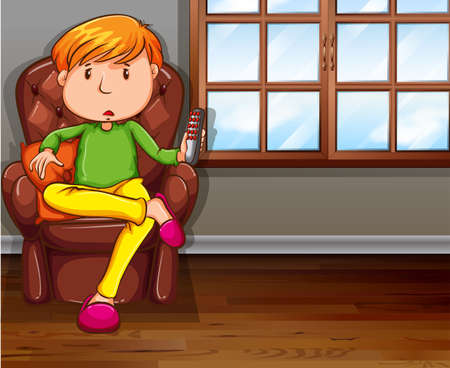 Man holding television remote in armchair illustrationのイラスト素材