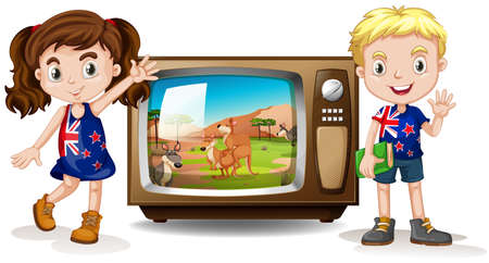 Australian girl and boy waving illustrationのイラスト素材