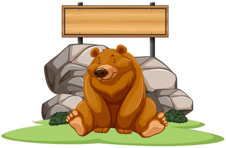 Grizzly bear sitting next to the sign illustrationのイラスト素材