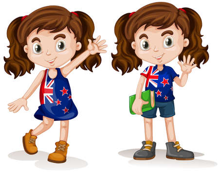 Australian girls waving and smiling illustrationのイラスト素材