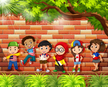 Children from different countries standing under the tree illustrationのイラスト素材