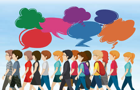People walking with bubble speeches illustrationのイラスト素材