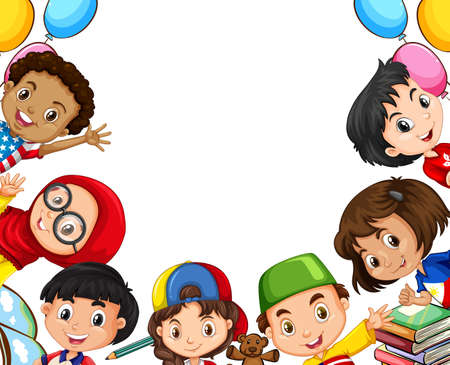 International children and school objects illustrationのイラスト素材