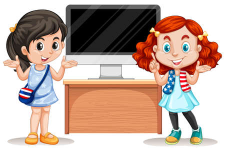 Girl presenting with computer illustrationのイラスト素材