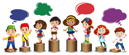 International children standing on log illustrationのイラスト素材