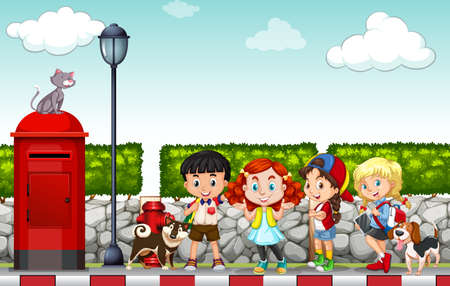 Children hanging out at the side walk illustrationのイラスト素材