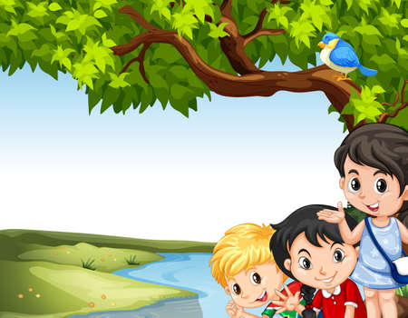 Children hanging out at the river illustrationのイラスト素材