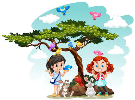 Girls standing under the tree illustrationのイラスト素材