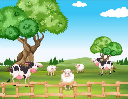 Sheeps and cows in the field illustrationのイラスト素材