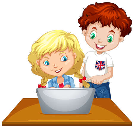 Boy and girl using computer illustrationのイラスト素材