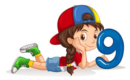 Little girl holding number nine illustrationのイラスト素材