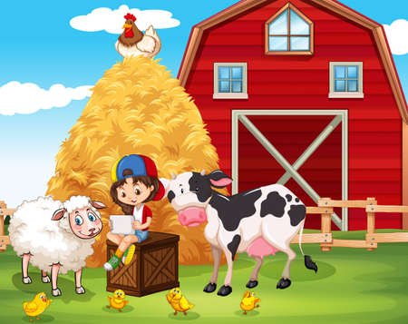 Little girl using tablet at the farm illustrationのイラスト素材