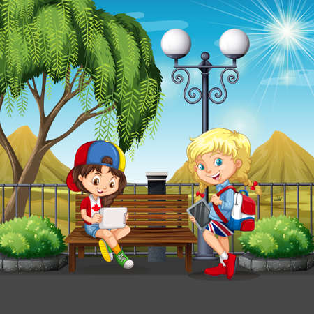 Girls hanging out at the park illustrationのイラスト素材