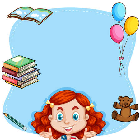 Red hair girl and book on border illustrationのイラスト素材