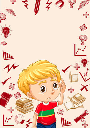 Border with boy and school objects background illustrationのイラスト素材