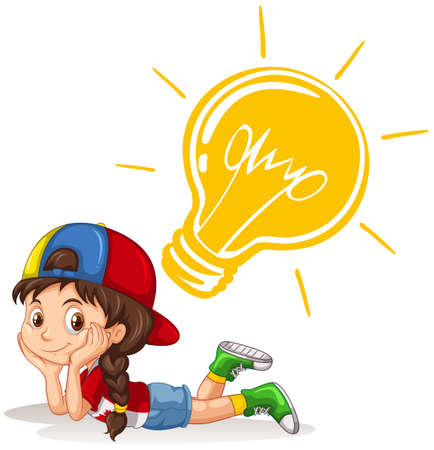 Little girl with lightbulb on her head illustrationのイラスト素材